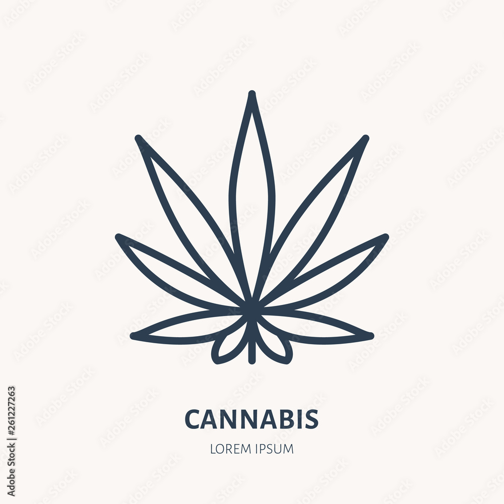 Cannabis leaf flat line icon. Medicinal plant vector illustration. Thin sign of hemp drug