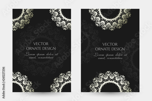 Siler ring in asian style. Luxury vertical posters with ornaments on the black background. Vector design with decorative elements and copy space for vip invitation, funeral cards and other.