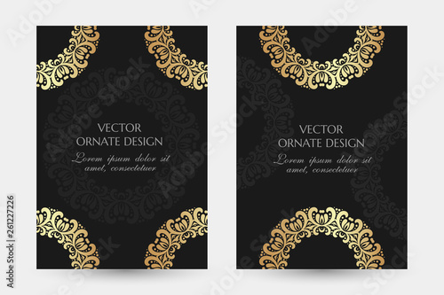 Golden ring in Easter style. Luxury vertical posters with ornaments on the black background. Vector design with decorative elements and copy space for vip invitation, funeral cards and other.