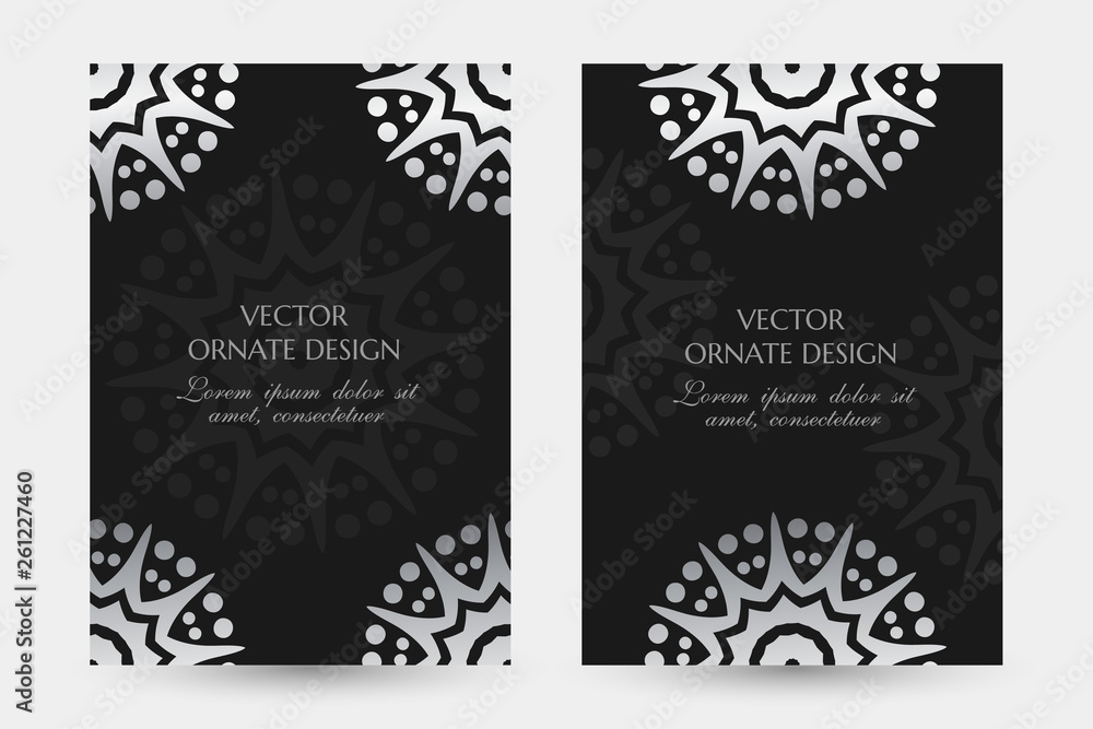 Silver star shape motif. Luxury vertical posters with ornaments on the black background. Vector design with decorative elements and copy space for vip invitation, funeral cards and other.