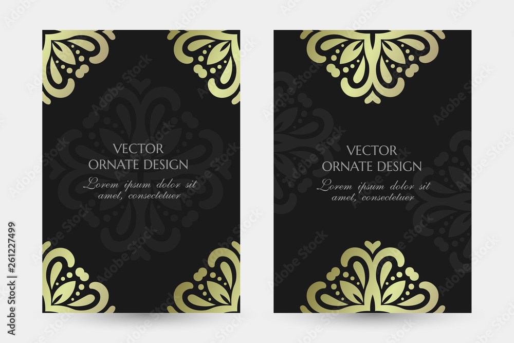Bronze floral rozette. Luxury vertical posters with ornaments on the black background. Vector design with decorative elements and copy space for vip invitation, funeral cards and other.
