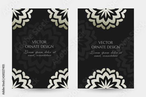 Silver floral motif. Luxury vertical posters with ornaments on the black background. Vector design with decorative elements and copy space for vip invitation, funeral cards and other.