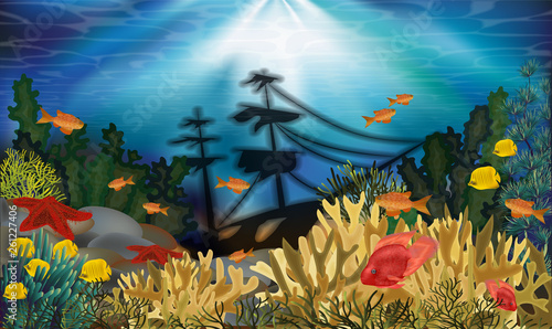 Underwater background with sunken ship, vector illustration