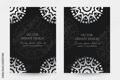 Silver star shape motif. Luxury vertical posters with ornaments on the black background. Vector design with decorative elements and copy space for vip invitation, funeral cards and other.