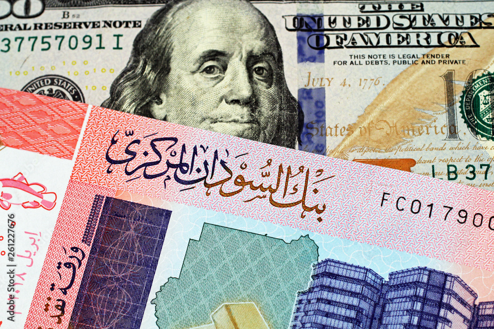A close up image of an American one hundred dollar bill with a colorful fifty pound note from Sudan in macro
