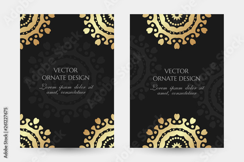 Golden circle motif. Luxury vertical posters with ornaments on the black background. Vector design with decorative elements and copy space for vip invitation, funeral cards and other.
