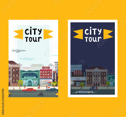 City tour set of banners, posters vector illustration. Day night town. Busy street with buildings such as restaurant, fashion studio, pharmacy, film cnter. People walking along road.
