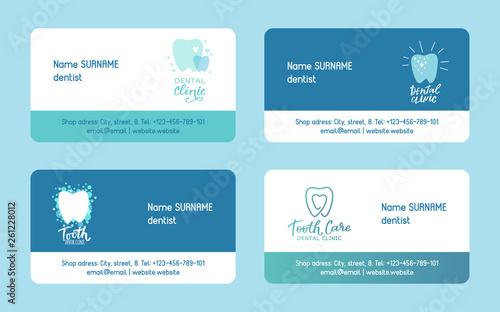 Dentist set of business cards vector illustration. Healthy tooth under protection with glowing effect, teeth whitening concept. Oral care clinic. Phone, web and location.