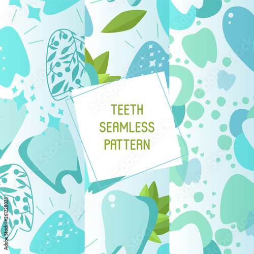 Dentist set of seamless patterns vector illustration. Healthy tooth under protection with glowing effect, teeth whitening concept. Oral care clinic. Mint toothpaste. Herbs.