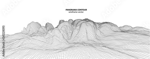 3D wireframe of contour swirl. Abstract wireframe background. Black and white wave. 