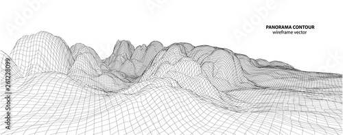 3D wireframe of contour swirl. Abstract wireframe background. Black and white wave. 