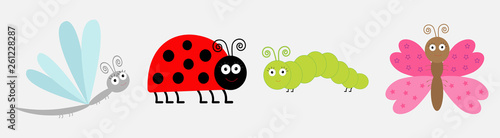 Insect icon set line. Ladybug, dragonfly, butterfly and caterpillar. Cute cartoon kawaii funny character. Flat design. White background. Isolated.