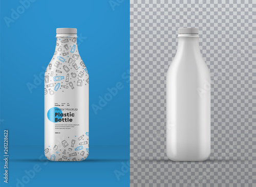 Vector realistic mockup of white plastic bottle with label.