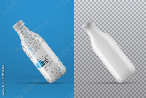 Vector realistic mockup of a white plastic bottle at an angle with a shadow.
