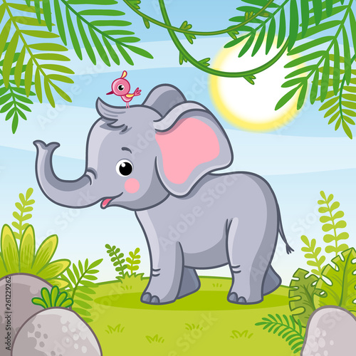 Baby elephant stands in a clearing. Vector illustration.
