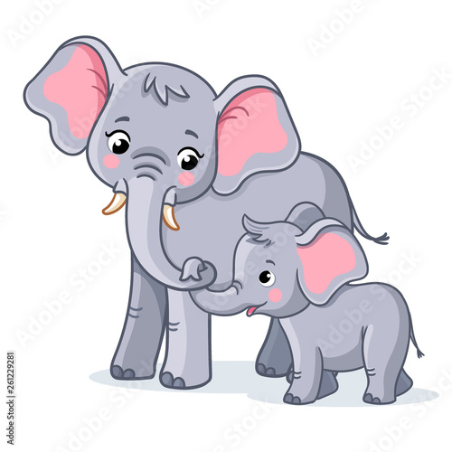 Family of elephants on a white background. Cute african animals.