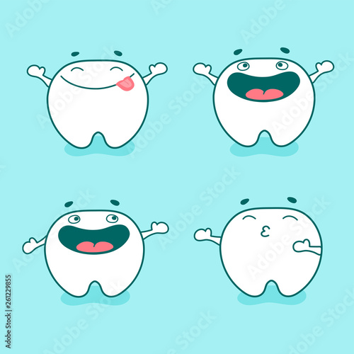 Cute tooth character set with different emotions. Happy cartoon teeth. Vector illustration.