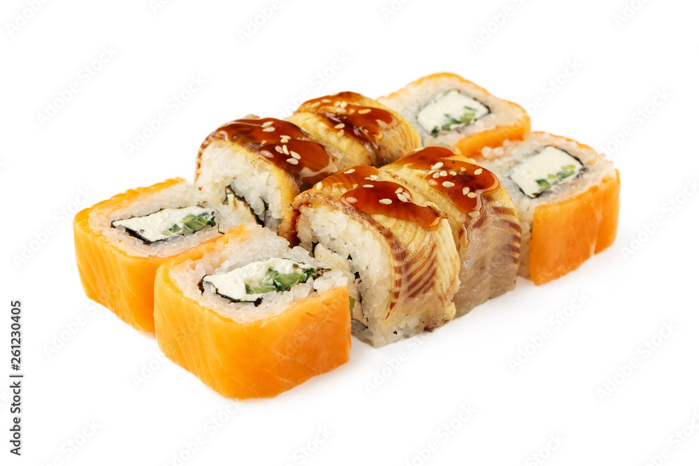 Closeup top view of japanese philadelphia and unagi maki sushi set isolated at white background. Closeup top view of japanese philadelphia and unagi maki sushi set isolated at white background.
