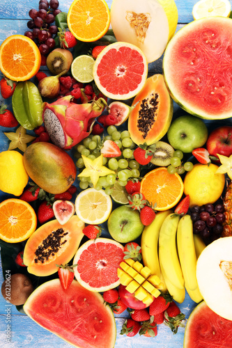 Fototapeta Naklejka Na Ścianę i Meble -  Tropical fruits background, many colorful ripe fresh tropical fruits