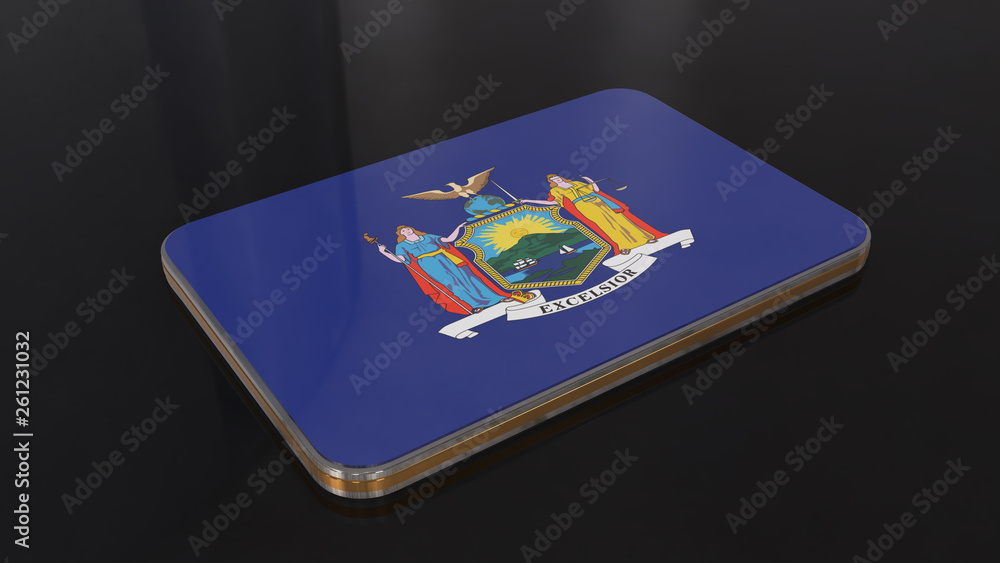 New York 3D glossy flag object isolated on black background.