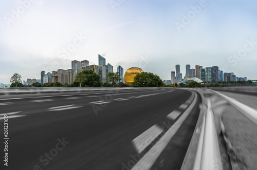 urban traffic road with cityscape in background  China.