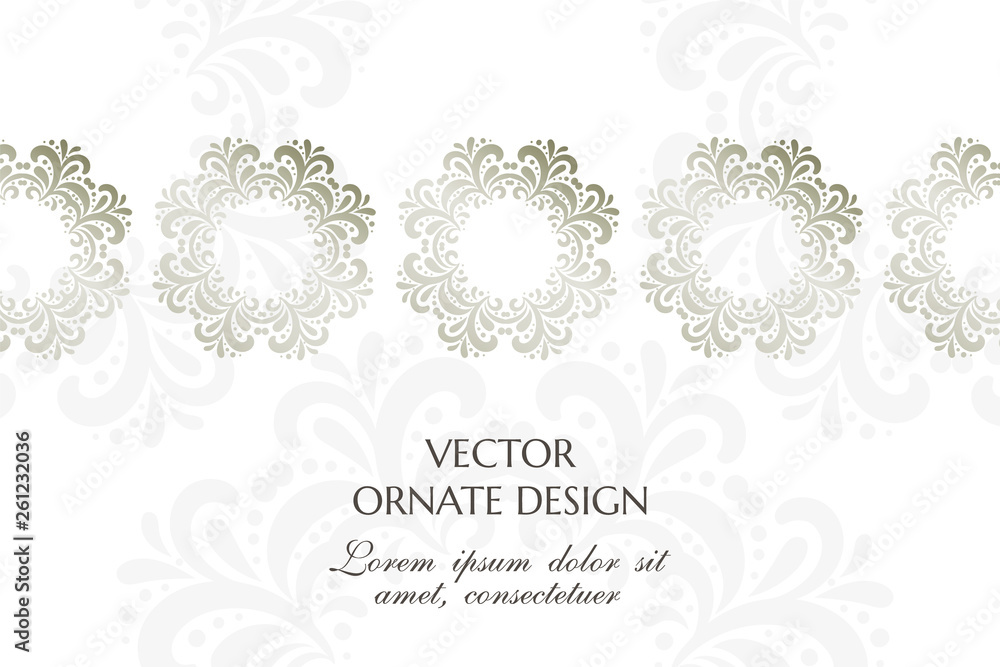 Silver rings. Graceful horizontal banner with ornamental border on the white background. Vector design with decorative elements and copy space for wedding invitation, anniversary card 