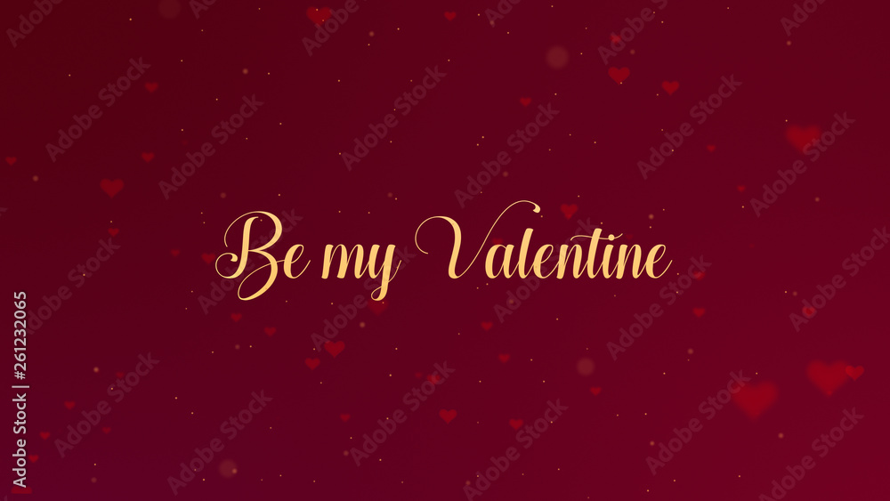 Be my Valentine Love confession. Valentine's Day lettering is isolated on red background, which is bedecked with little cute red hearts. Share love.