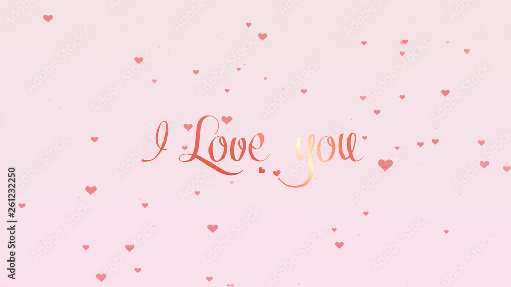 Valentine's Day lettering. Love background with pink little cute hearts for Valentine's Day. Light pink backgrop. Rose pink inscription.
