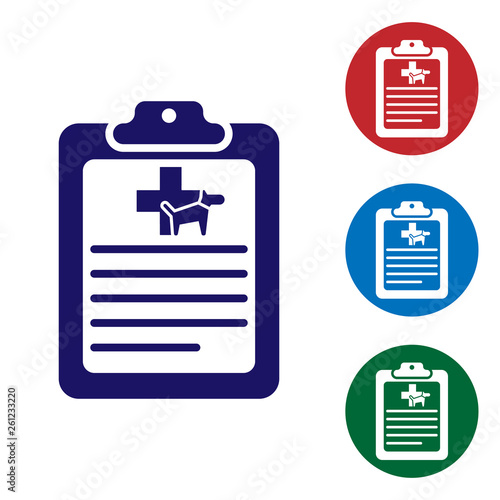 Blue Clipboard with medical clinical record pet icon isolated on white background. Health insurance form. Medical check marks report. Set color icon in circle buttons. Vector Illustration