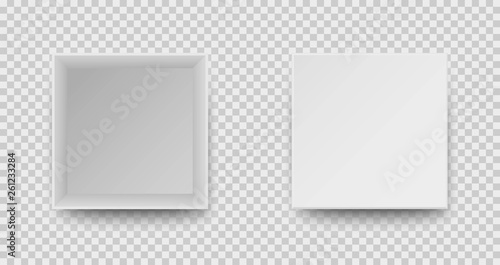 Realistic white box with shadow on transparent background. Top view. Open blank package cardboard box. Mock up template for your design.