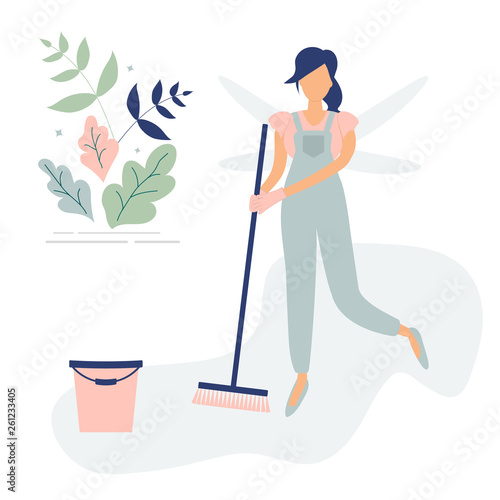 Cute cleaner woman in blue overalls like a butterfly with sweeping brush and bucket.Decorated beautiful leaves and branches.Vector illustration.For ad,logo for cleaning company,leaflets,flyers