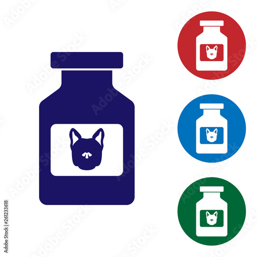 Blue Dog medicine bottle icon isolated on white background. Container with pills. Prescription medicine for animal. Set color icon in circle buttons. Vector Illustration