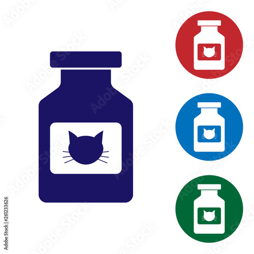 Blue Cat medicine bottle icon isolated on white background. Container with pills. Prescription medicine for animal. Set color icon in circle buttons. Vector Illustration