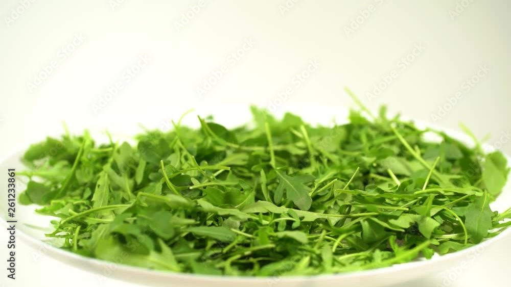 Closeup side view of white plate full of fresh green arugula salad leaves rotating isolated on white background. Rucola ready for eating. Closeup side view of white plate full of fresh green arugula salad leaves rotating isolated on white background. Rucola ready for eating.