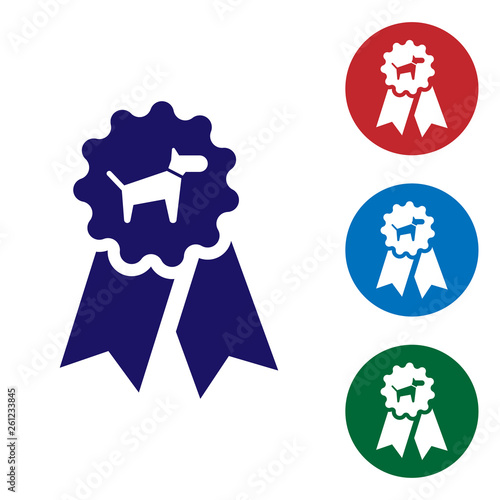 Blue Dog award symbol icon isolated on white background. Medal with dog footprint as pets exhibition winner concept. Set color icon in circle buttons. Vector Illustration