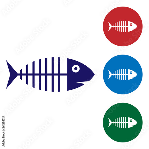 Blue Fish skeleton icon isolated on white background. Fish bone sign. Set color icon in circle buttons. Vector Illustration