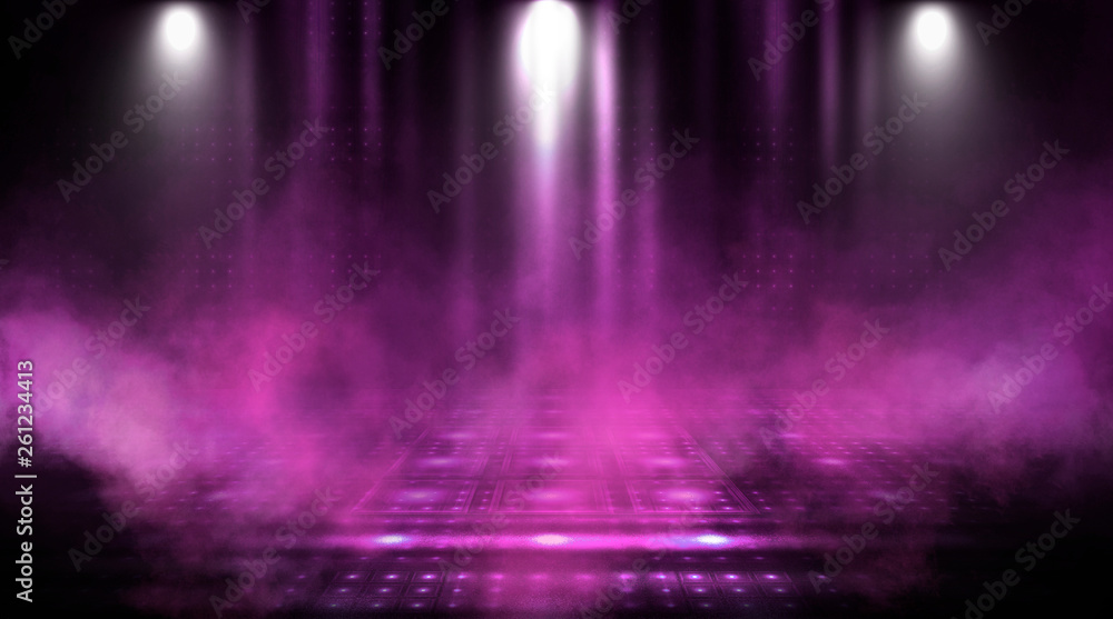 Empty scene of a show with lanterns and concrete floor. Аbstract pink and purple background lights, rays Empty scene of a show with lanterns and concrete floor. Аbstract pink and purple background lights, rays