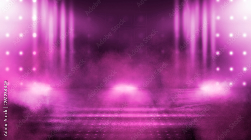 Empty scene of a show with lanterns and concrete floor. Аbstract pink and purple background lights, rays Empty scene of a show with lanterns and concrete floor. Аbstract pink and purple background lights, rays
