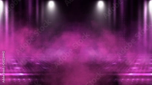 Empty scene of a show with lanterns and concrete floor. Аbstract pink and purple background lights, rays