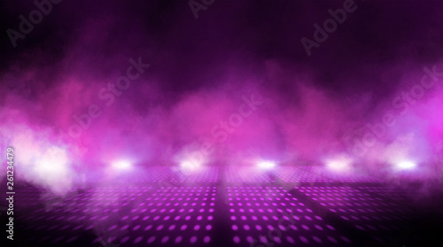 Empty scene of a show with lanterns and concrete floor. Аbstract pink and purple background lights, rays