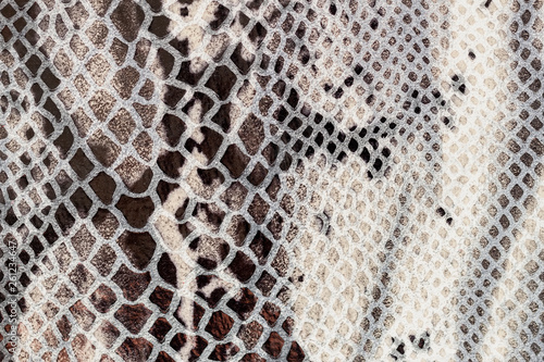 Texture of genuine patent leather close-up  embossed under the skin of light white brown reptile. For modern pattern  wallpaper or banner design