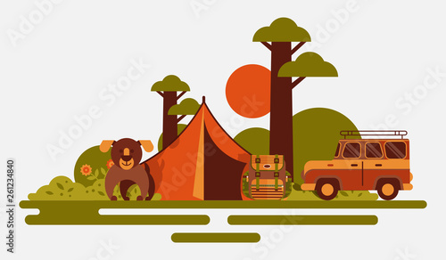 Hunting equipment banner vector illustration. Hunter accessories such as camping tent, rucksack with tools, dog and jeep car or vehicle in nature with plants as trees, flowers, bushes. Sunset.