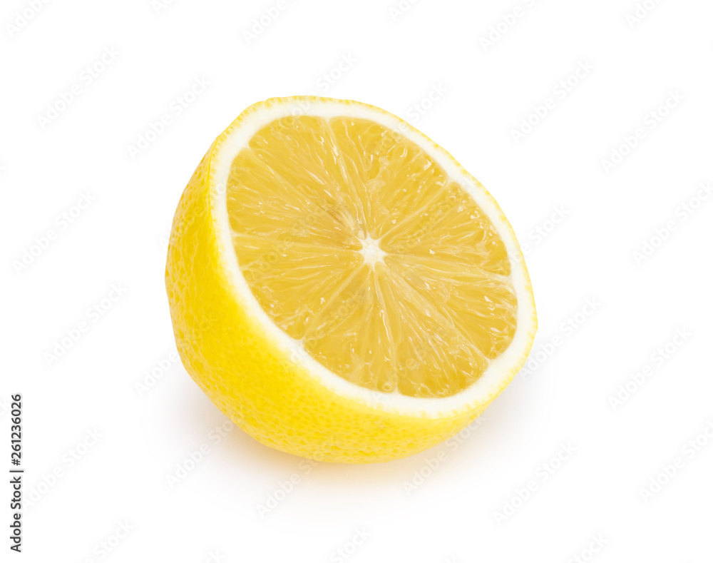 Closeup fresh lemon fruit slice isolated on white background, food and healthy concept Closeup fresh lemon fruit slice isolated on white background, food and healthy concept