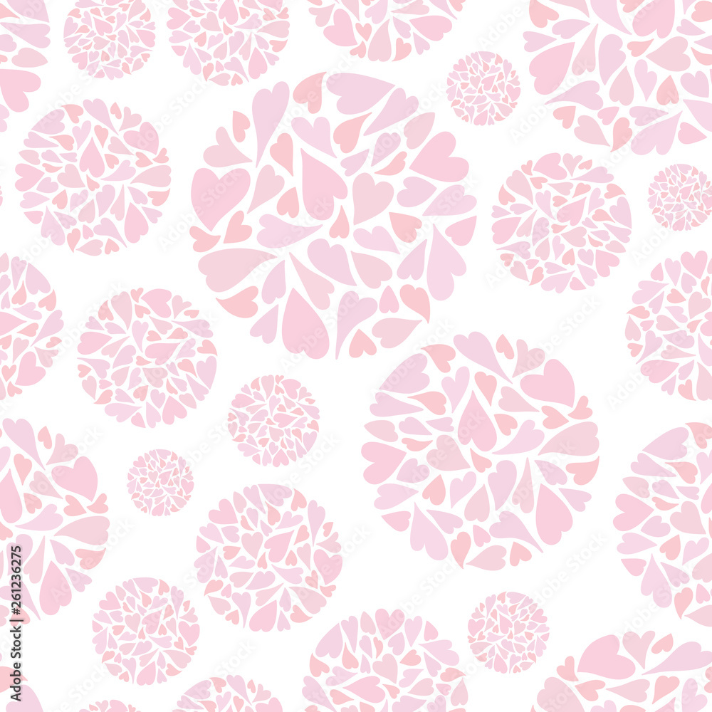 Hand drawn pink tossed hearts in circle shapes illustration. A romantic vector seamless repeat pattern ideal for valentines and wedding projects.