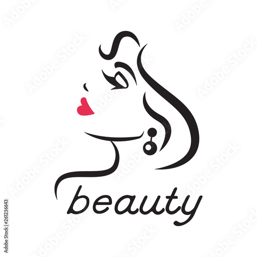 Glamorous logo for a beauty salon. Woman's face in profile. Closed eyes and red lips. Vector illustration.