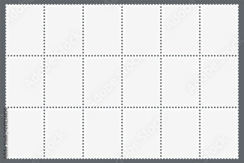 Perforated sheet of postage stamps . Blank marks template for postcards.