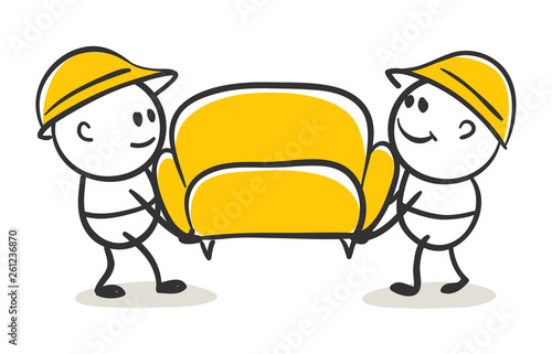 Movers. Funny little men carry a sofa, vector illustration. 