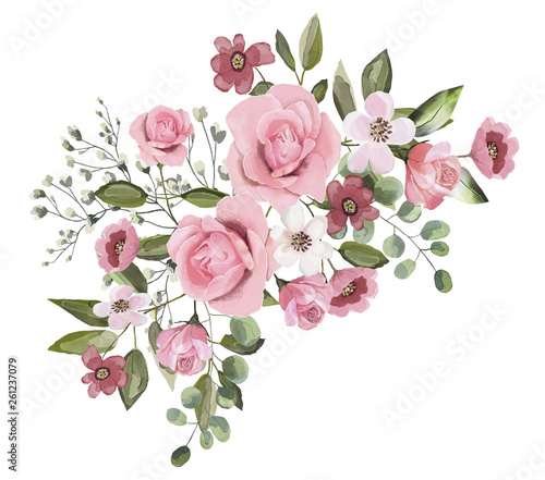 Watercolor drawing of a branch with leaves and flowers. Botanical illustration. Composition of pink roses, wildflowers and garden herbs Decorative bouquet isolated on white background.
