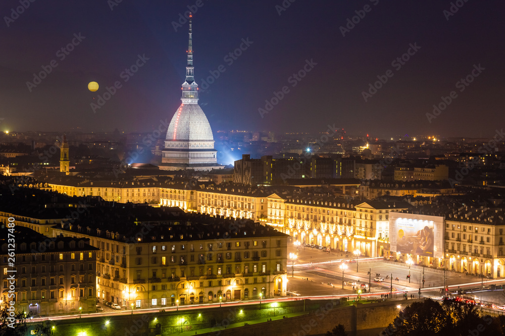 TURIN, ITALY, 27 NOVEMBER 2018: Beautiful cityscape of Turin by night