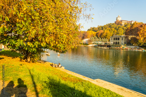 Park near the Po River in autumn, Turin, Italy